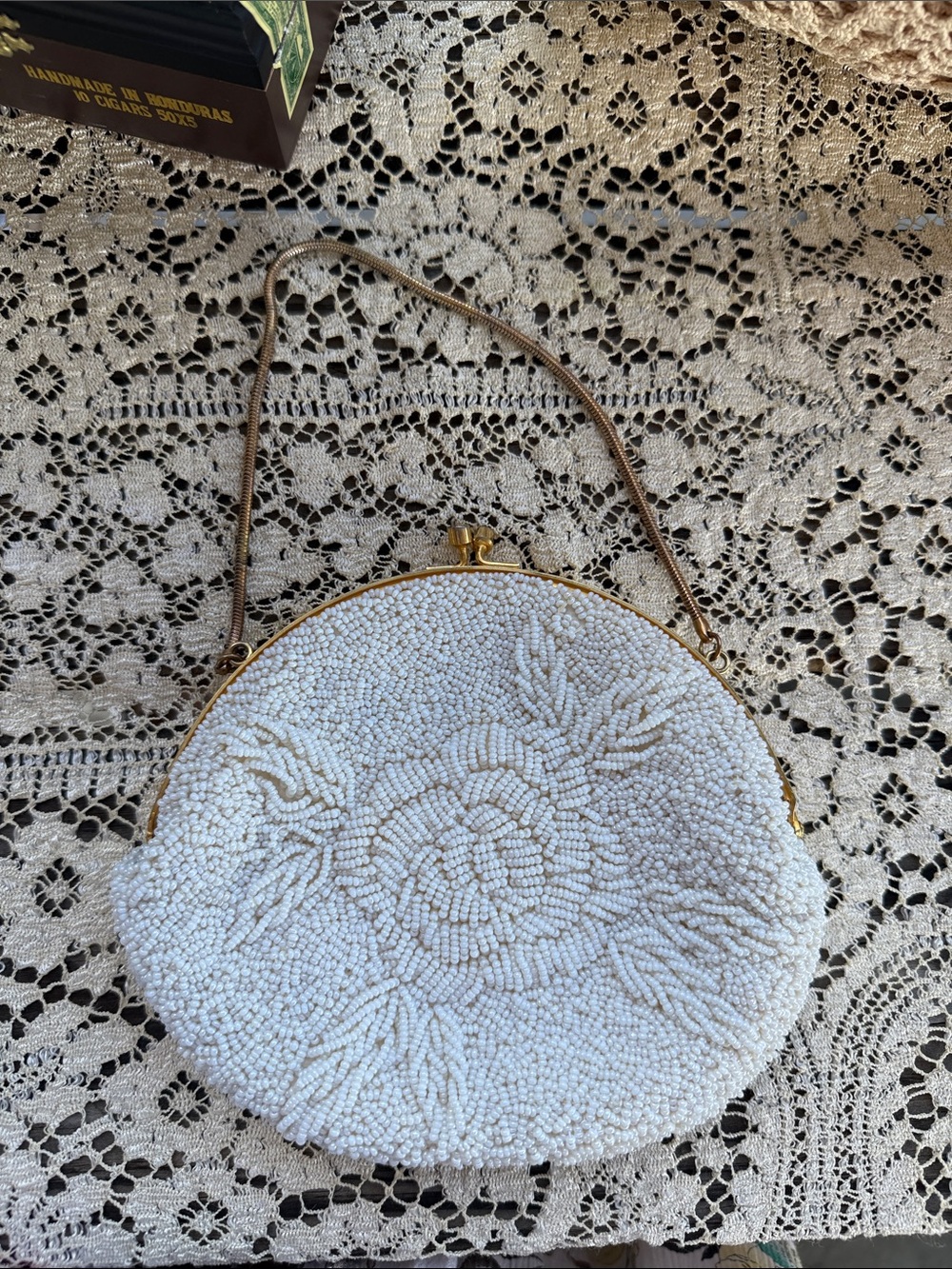 Vintage Cream Beaded Round Evening Purse – Satin Interior – 1960s–1980s